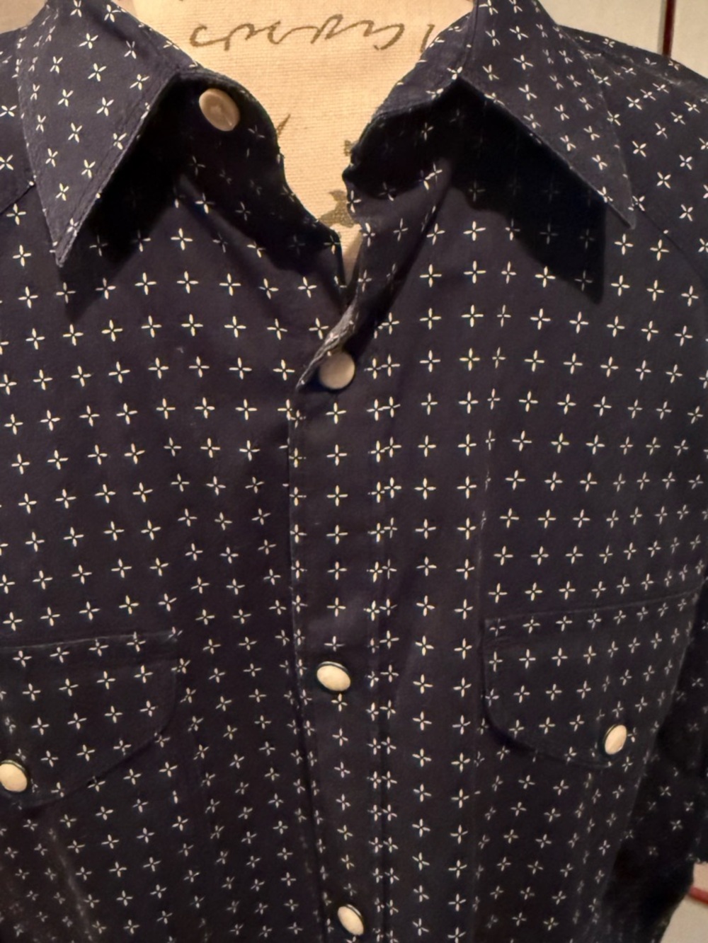 Lucky Brand Navy Blue Shirt with White Cross Pattern, pearl snap buttons